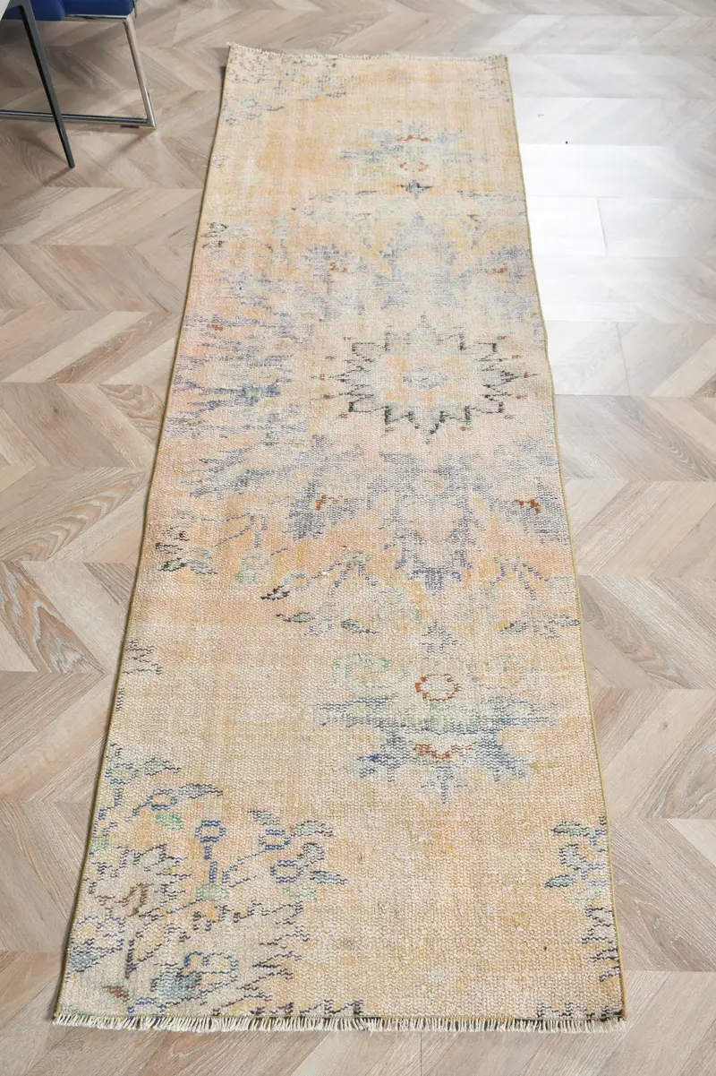 Vintage Türk Halısı 2.3x7 ft, Oushak Sarı Çiçekli Yün Halı - 1