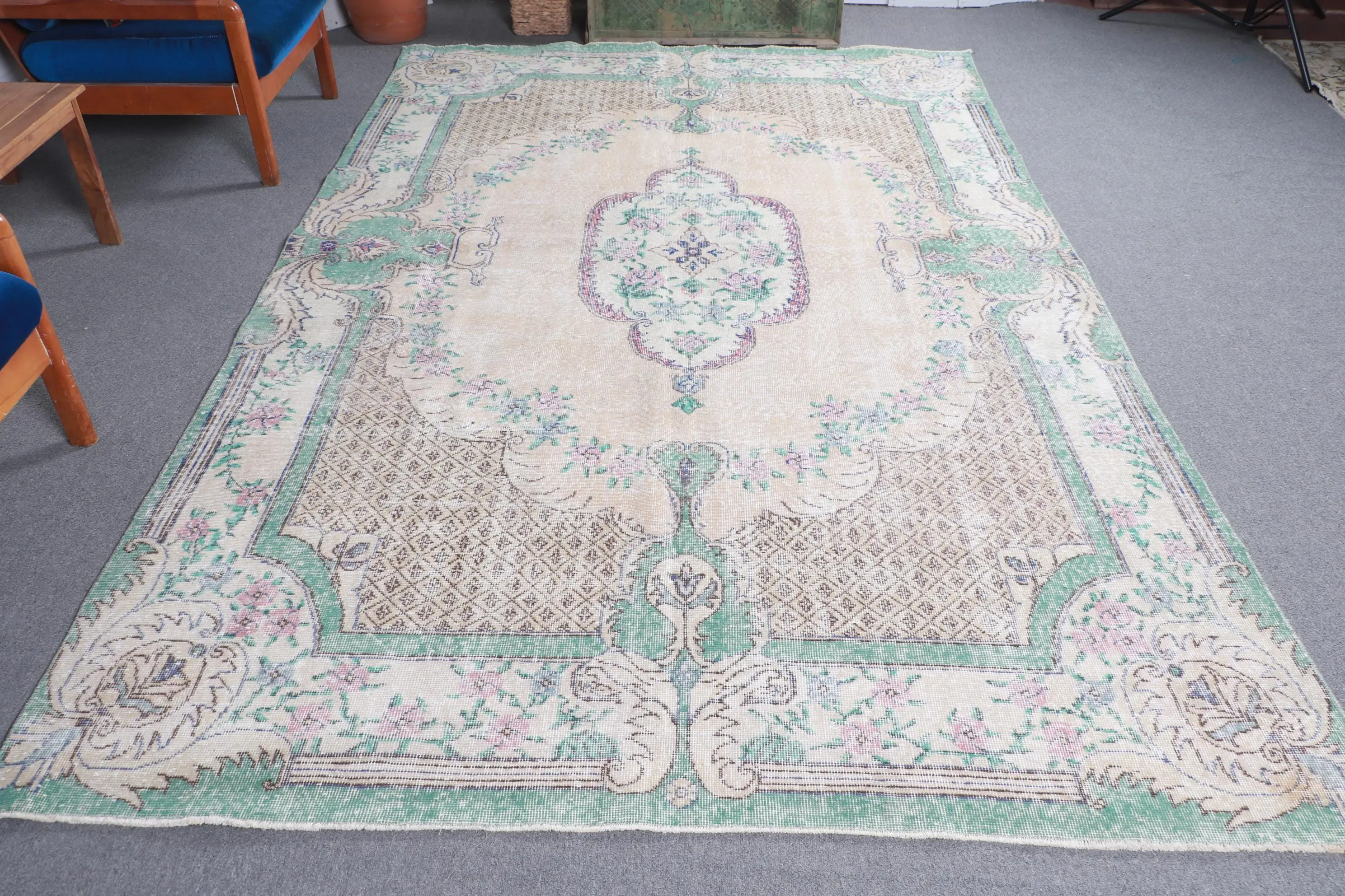 6.5x10.1 ft Türk Halısı, Vintage Büyük Halı, Yeşil Beyaz Bitkiler ve ağaçlar Yün Halı - 1