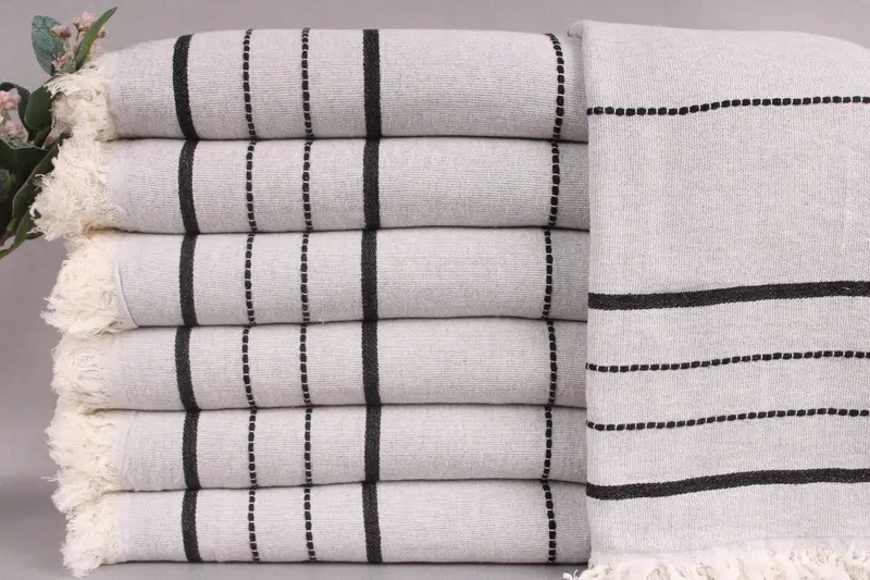 Embroidered Beach Towel Light Gray-Black Striped, 40x71 Inches