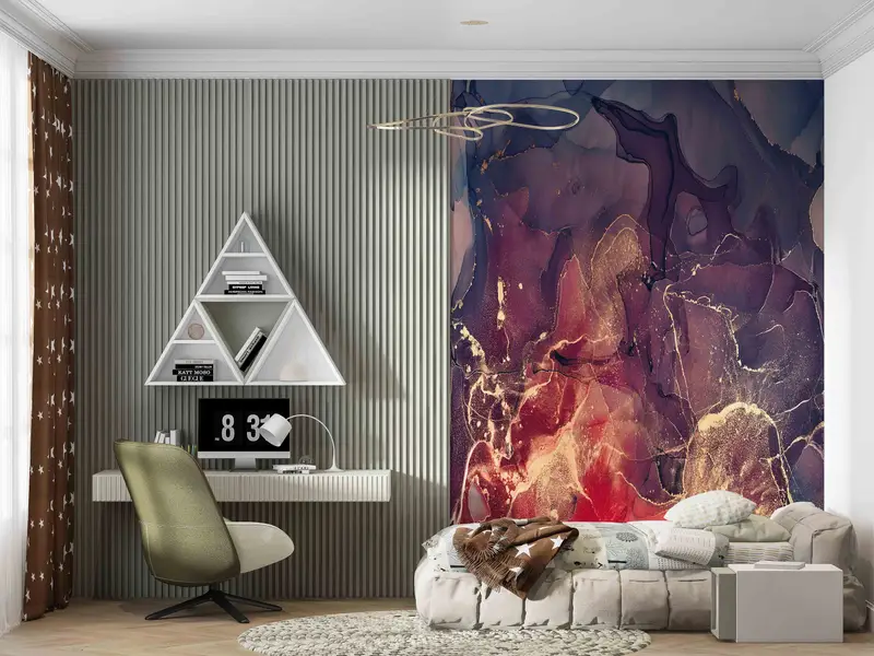 Stylish 3D Wallpaper, Wallpaper Border, Red Purple Marble Art, Gold Marble Mural, Personalized Wallpaper, Modern Wall Paper, Peel and Stick, - 3