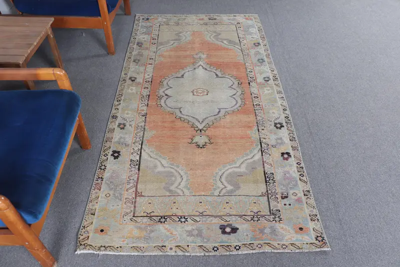 Vintage Oushak Rug 3.4x7 ft, Orange Blue Oriental Wool Turkish Rug - 1