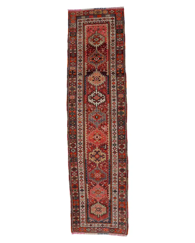 レッド&ブルーのイカットラグ、3x11.6フィートのエレガントな装飾