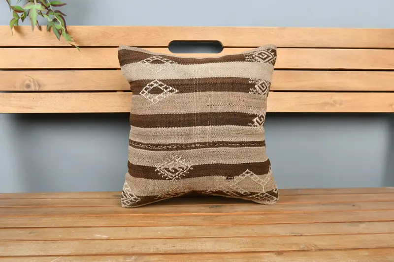 Meditation Pillow Cover, Vintage Pillow, Pillow for Sofa, Boho Chic Cushion Cover, Cushion, 16x16 Brown Pillow Case, Kilim Cushion Sham - 6