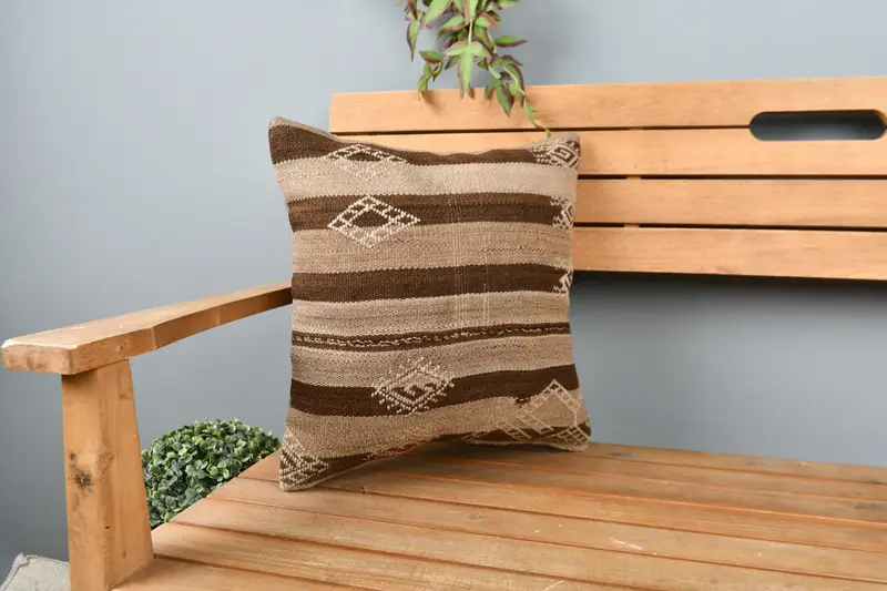 Meditation Pillow Cover, Vintage Pillow, Pillow for Sofa, Boho Chic Cushion Cover, Cushion, 16x16 Brown Pillow Case, Kilim Cushion Sham - 1
