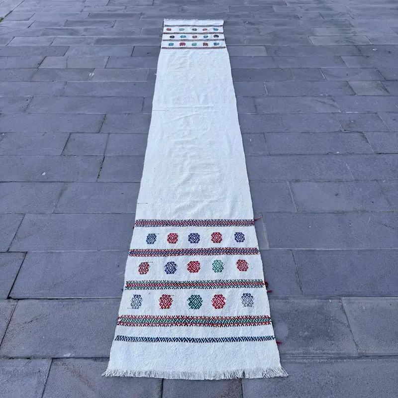 2.4x14.9 ft Rug, Runner Vintage Rug, White Oushak Check Rug - 1