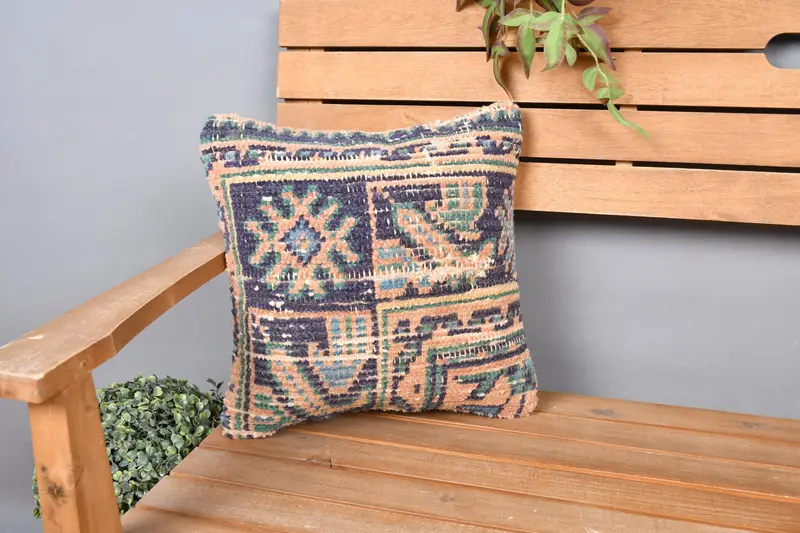 Boho Pillow, Wool Kilim Pillow Pillow Case, 14x14 Blue Pillow, Ethnical Kilim Rug Pillow, Cushion, Car Pillow Sham, Pillow for Sofa - 1