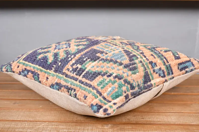 Boho Pillow, Wool Kilim Pillow Pillow Case, 14x14 Blue Pillow, Ethnical Kilim Rug Pillow, Cushion, Car Pillow Sham, Pillow for Sofa - 4