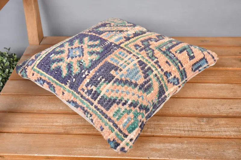 Boho Pillow, Wool Kilim Pillow Pillow Case, 14x14 Blue Pillow, Ethnical Kilim Rug Pillow, Cushion, Car Pillow Sham, Pillow for Sofa - 2
