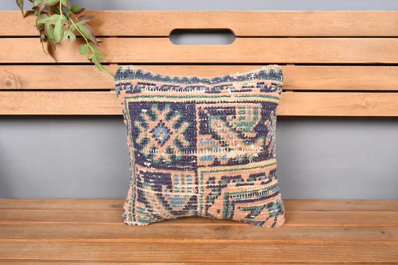 Boho Pillow, Wool Kilim Pillow Pillow Case, 14x14 Blue Pillow, Ethnical Kilim Rug Pillow, Cushion, Car Pillow Sham, Pillow for Sofa - 6