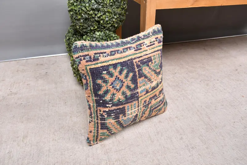 Boho Pillow, Wool Kilim Pillow Pillow Case, 14x14 Blue Pillow, Ethnical Kilim Rug Pillow, Cushion, Car Pillow Sham, Pillow for Sofa - 7