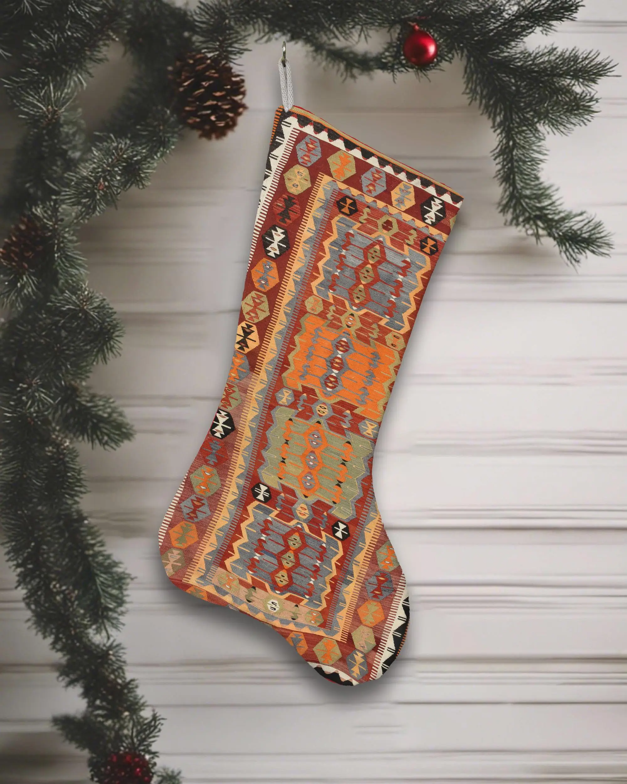 Festive Orange & Green Cotton Christmas Stocking, Cozy Holiday Decor - 1