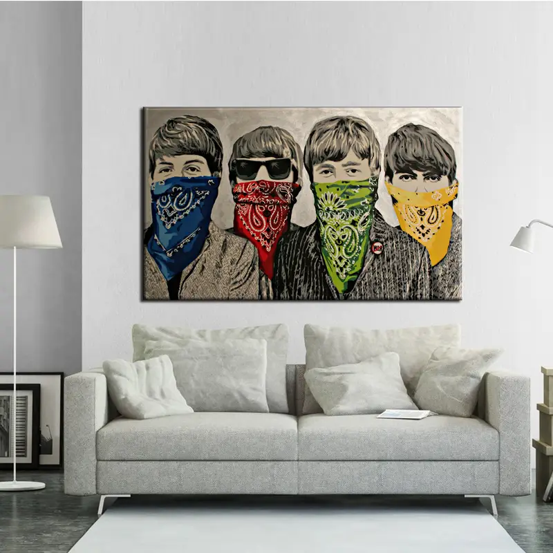 Banksy Beatles Canvas Art, Banksy Bandanas Graffiti Canvas Framed Wall Art , Rock and Roll, Home Decor BANKSY The Beatles, Banksy Canvas, - 2