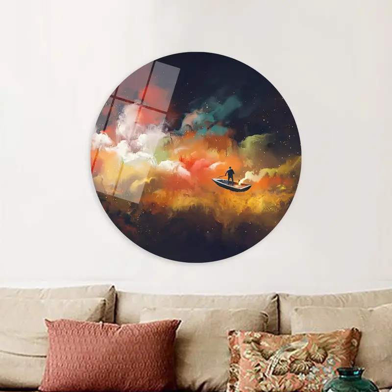 カラフルな雲海のキャンバス: 抽象的なボートと空のアート プリント