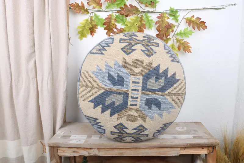 Blue Kilim Pouf, Rectangular Ottoman with Wool Cover and Foam Filling