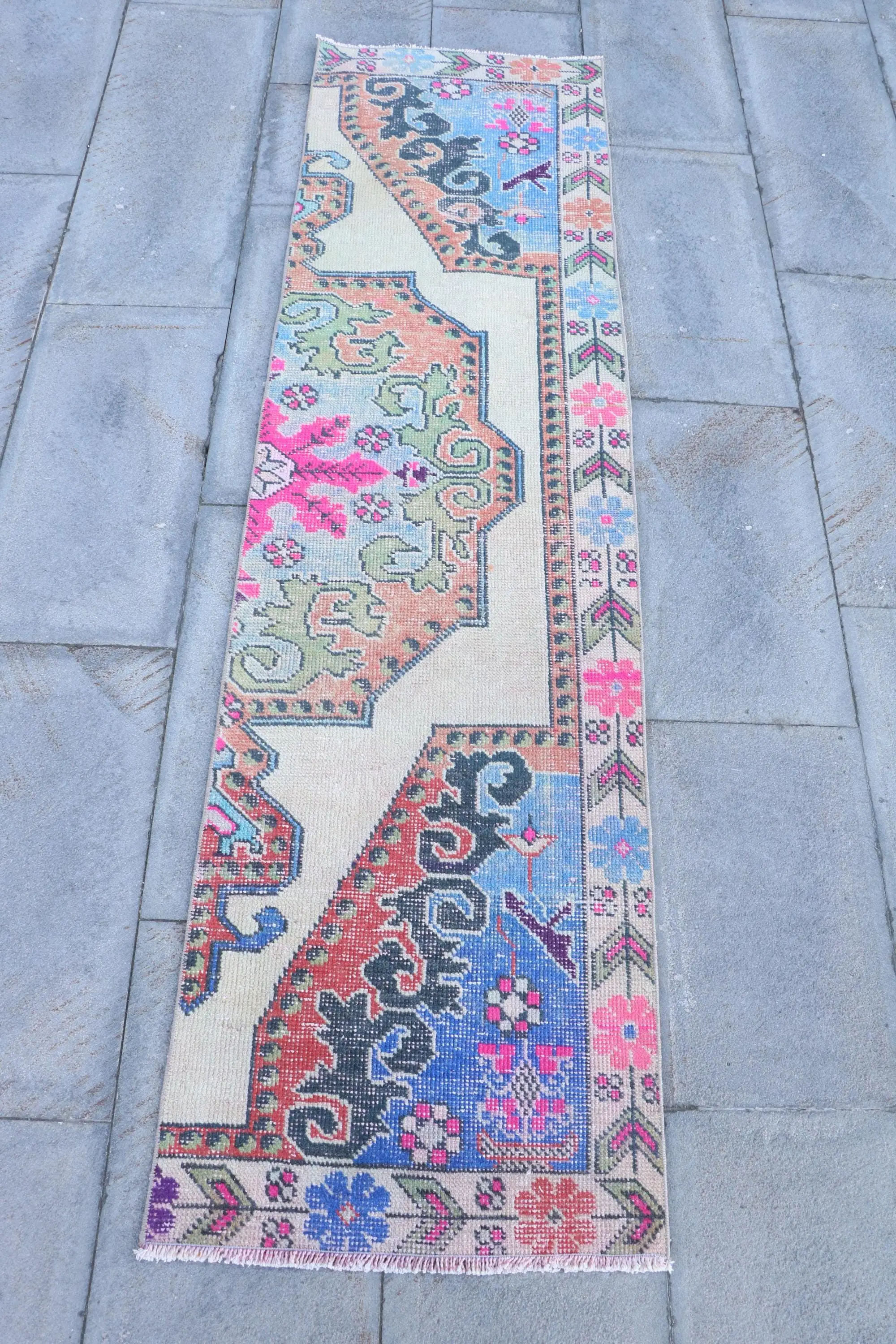 1.8x6.8 ft Rug, Turkish Vintage Runner Rug, Blue Wool Rug - 1