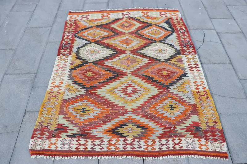 Vibrant Orange Rug, 4,6x5,8 ft Striped Geometric Design