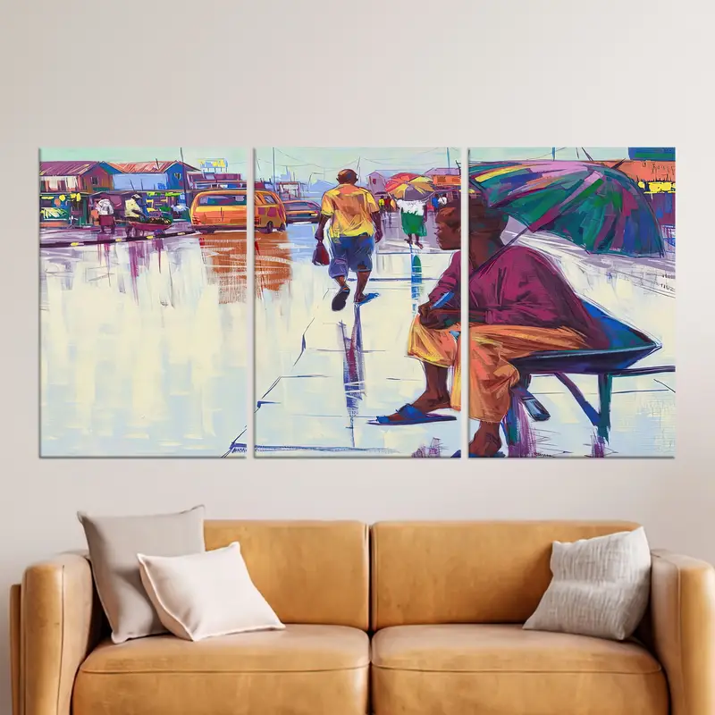 African Woman Wall Art, Nigerian Woman Poster, Rainy Day View Print, African Street View, Nigerian Landscape Wall Art, Canvas Wall Art, - 3