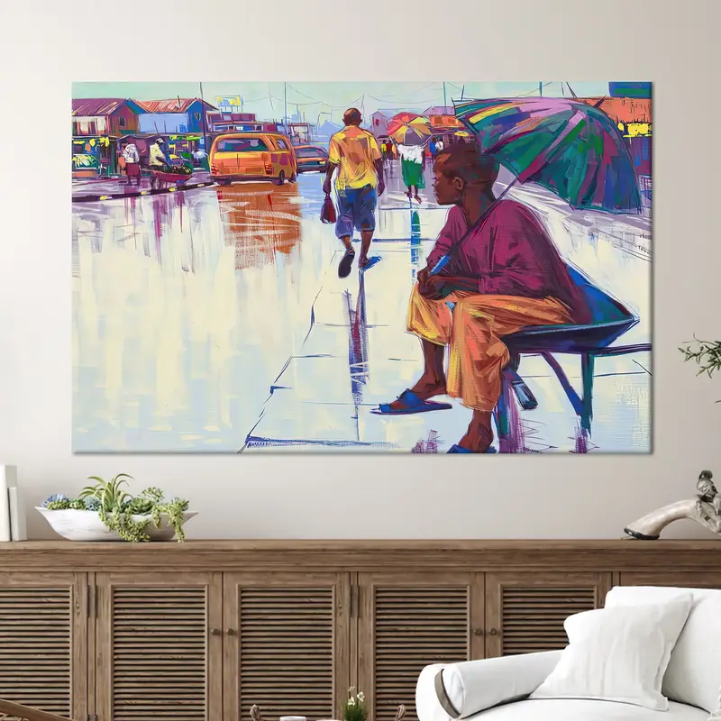 African Woman Wall Art, Nigerian Woman Poster, Rainy Day View Print, African Street View, Nigerian Landscape Wall Art, Canvas Wall Art, - 2