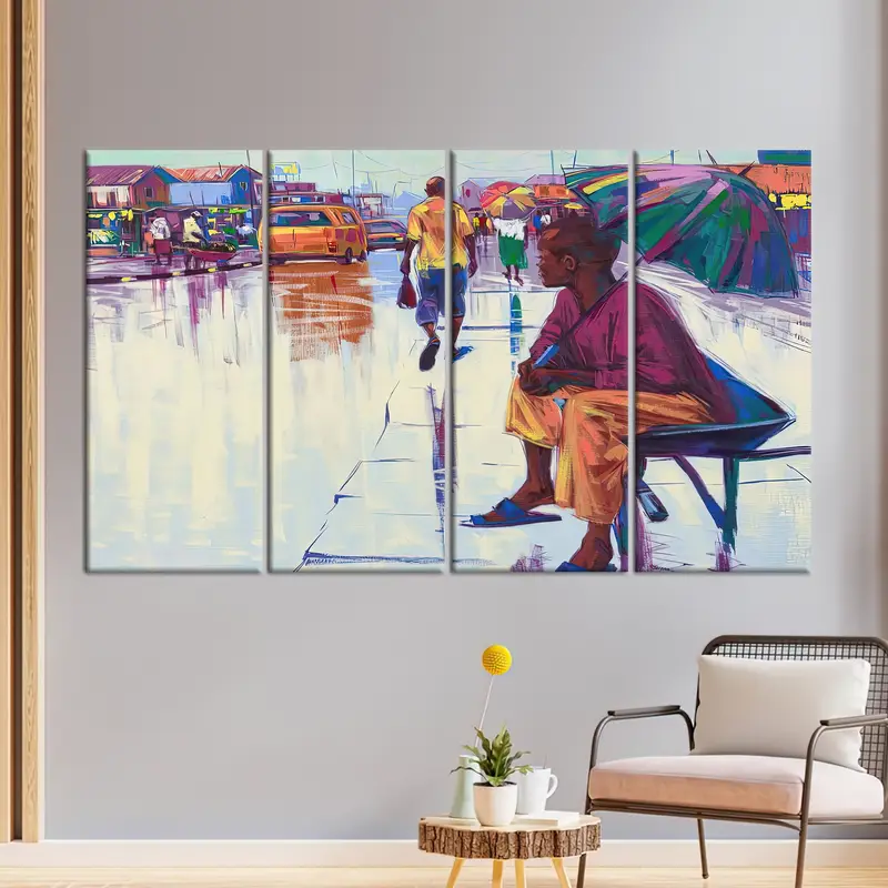 African Woman Wall Art, Nigerian Woman Poster, Rainy Day View Print, African Street View, Nigerian Landscape Wall Art, Canvas Wall Art, - 4