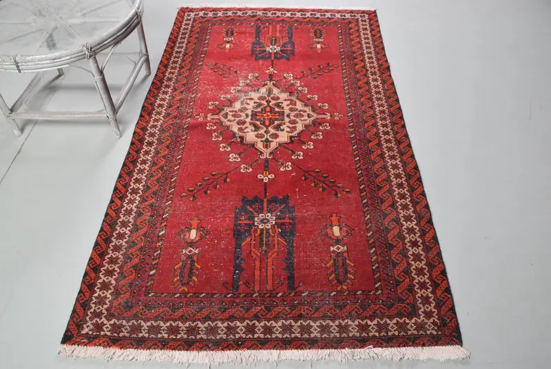 Alfombra vintage de 3,9 x 6,8 pies, alfombra de lana con bordes rojos y negros - 1