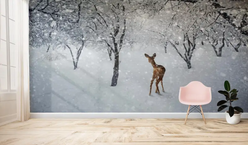 3Dプリントアート、鹿のペーパークラフト、冬の壁印刷、動物の壁の装飾、3D壁紙、冬の風景の壁アート、印刷可能な壁アート、 - 1