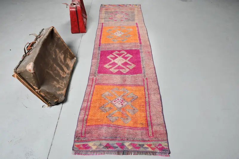 Vintage Turkish Rug, 2.4x9.9 ft Herki Rug, Pink Runner Abstract Rug - 1
