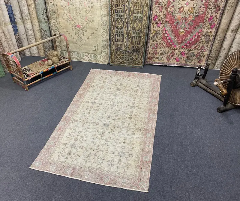 エレガントなベージュ&ピンクラグ、3.5x6.7フィート花柄&幾何学模様