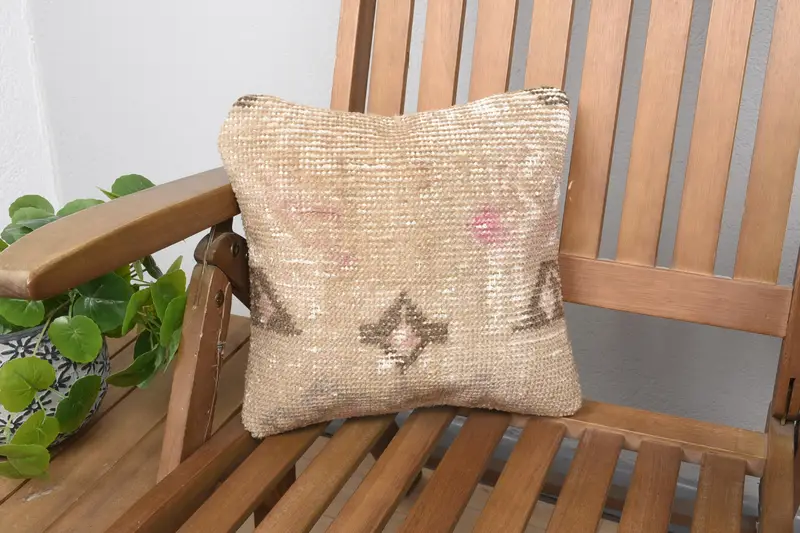 Beige & Braun besticktes Wurfkissen, Vintage geometrisches Kissen