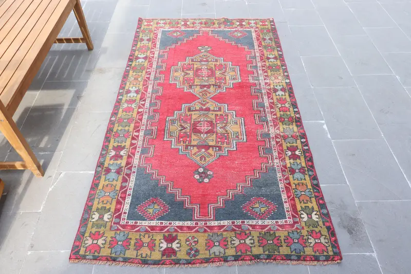 Vintage Turkish Rug 3.7x7 ft, Oushak Red Moroccan Wool Rug - 1