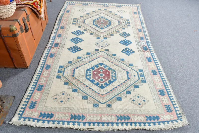 Oushak Türk Halısı, 4.2x7.4 ft Vintage Halı, Mavi Çizgili Yün Halı - 1