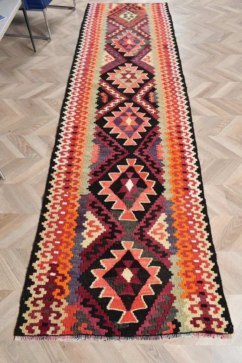Turkish Runner Rug 2.8x10.3 ft, Vintage Kilim Red Moroccan Wool Rug - 1