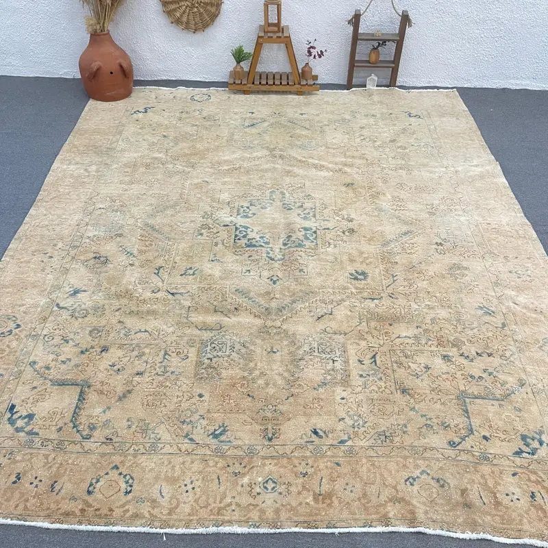 9.9x12.2 ft Turkish Oushak Rug, Vintage Rug, Brown Floral Wool Rug - 1