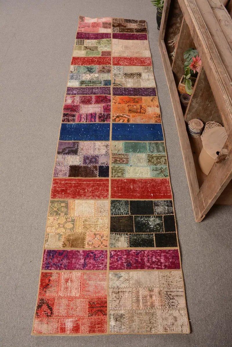 Kırmızı İkat Halı, 2,3x8,9 ft Mor Desenli