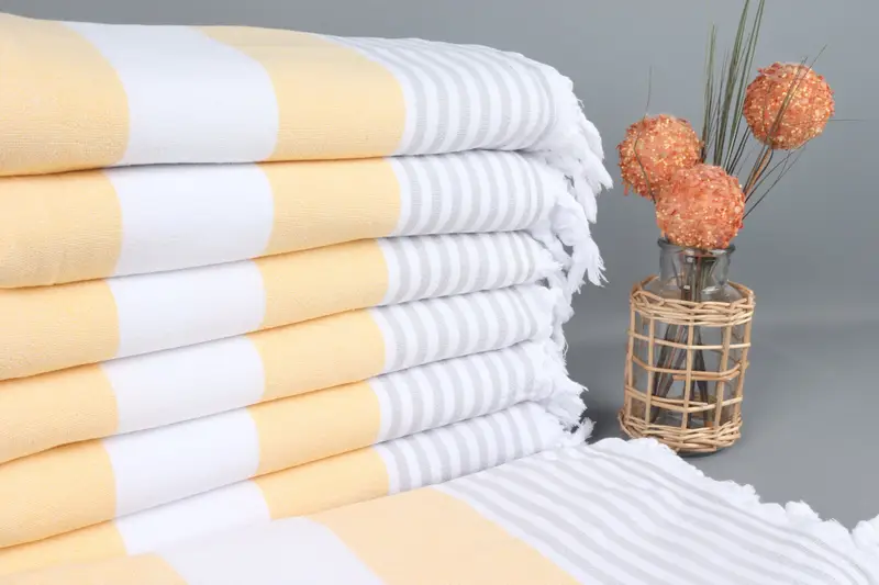 Personalized Turkish Beach Towel Yellow-Gray Stripes Terry, 36x67 Inches