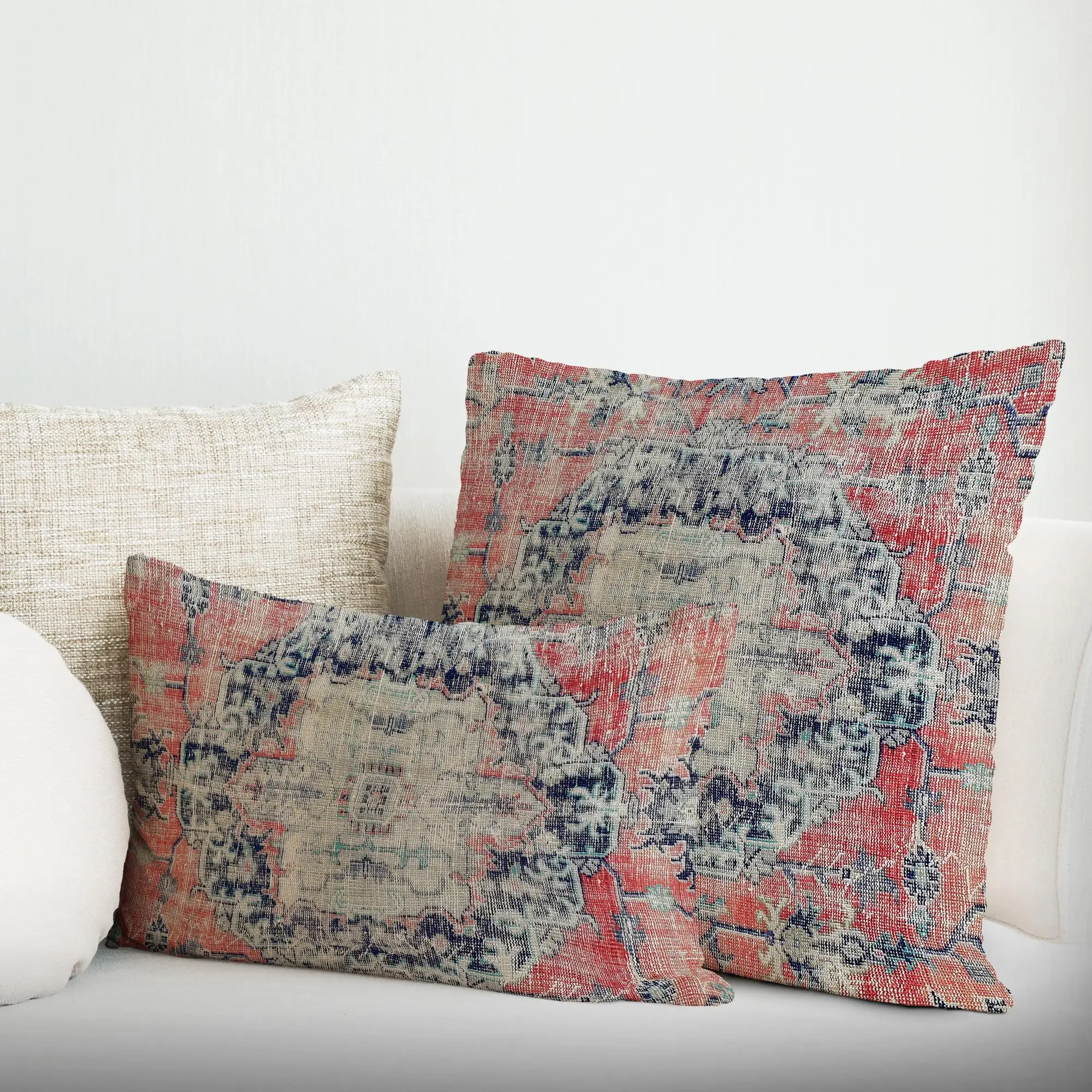 Vintage Red Kilim Printed Pillow with Zipper, Turkish Design - 1