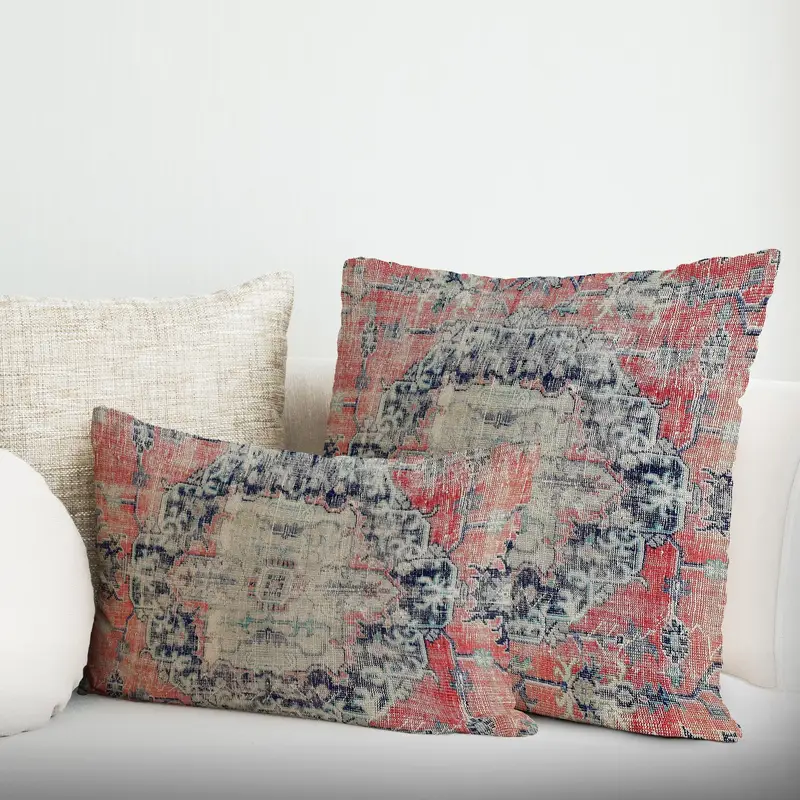 Almohada estampada Kilim roja vintage con cremallera, diseño turco