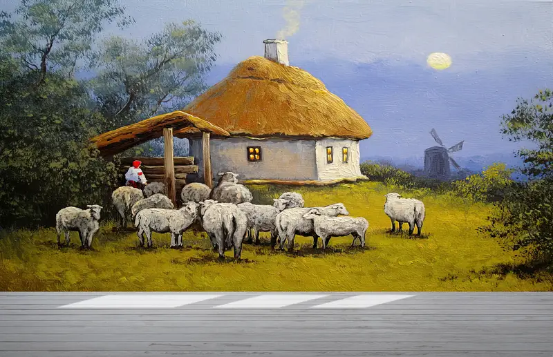 Paper Wall Art, Bright Wall Paper, 3d Wall Paper, Oil Painting Print, Landscape Wall Paper, Village Landscape, Sheep Wall Print, - 4