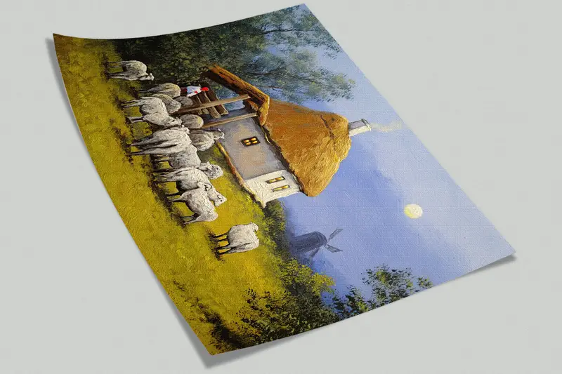 Paper Wall Art, Bright Wall Paper, 3d Wall Paper, Oil Painting Print, Landscape Wall Paper, Village Landscape, Sheep Wall Print, - 10