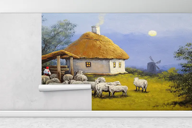 Paper Wall Art, Bright Wall Paper, 3d Wall Paper, Oil Painting Print, Landscape Wall Paper, Village Landscape, Sheep Wall Print, - 1