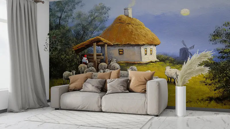 Paper Wall Art, Bright Wall Paper, 3d Wall Paper, Oil Painting Print, Landscape Wall Paper, Village Landscape, Sheep Wall Print, - 3