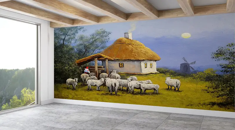 Paper Wall Art, Bright Wall Paper, 3d Wall Paper, Oil Painting Print, Landscape Wall Paper, Village Landscape, Sheep Wall Print, - 9