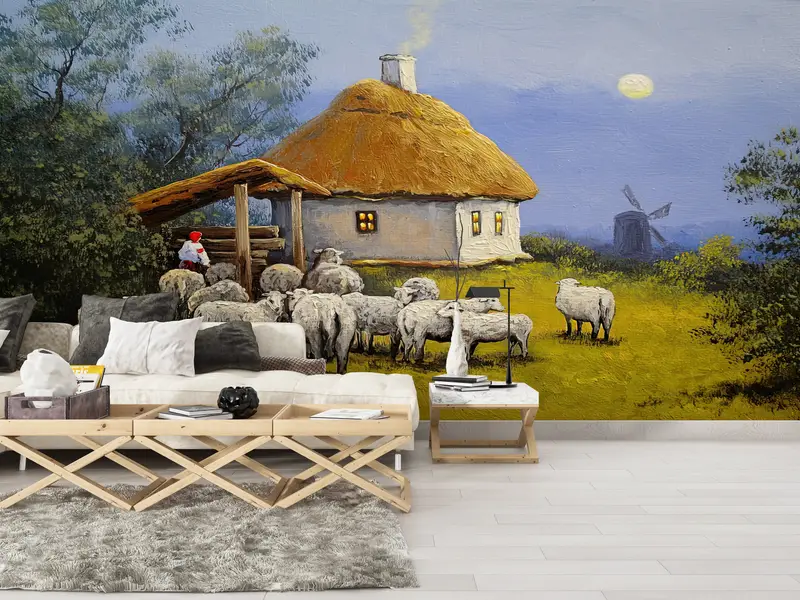 Paper Wall Art, Bright Wall Paper, 3d Wall Paper, Oil Painting Print, Landscape Wall Paper, Village Landscape, Sheep Wall Print, - 8