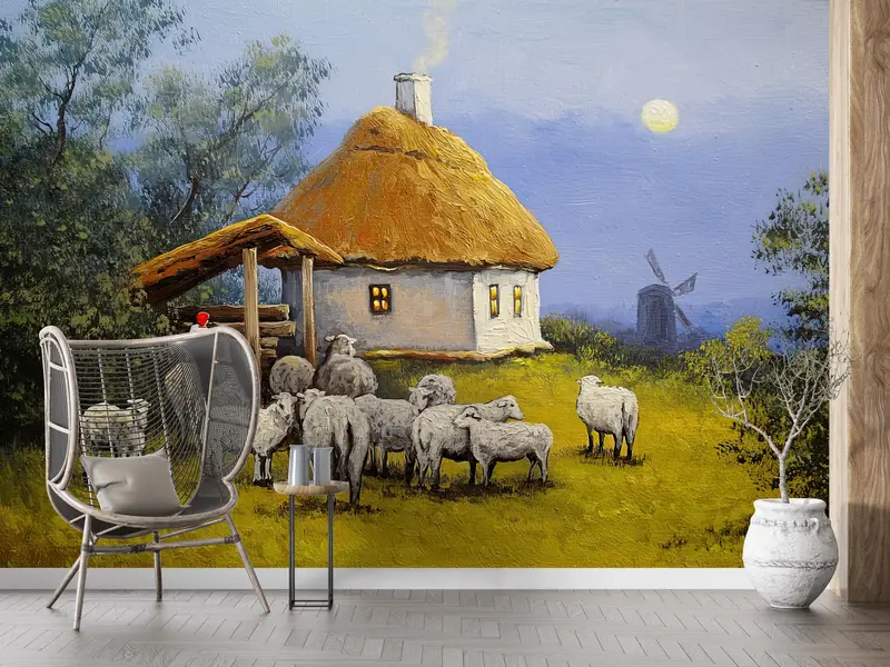 Paper Wall Art, Bright Wall Paper, 3d Wall Paper, Oil Painting Print, Landscape Wall Paper, Village Landscape, Sheep Wall Print, - 2