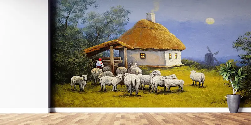 Paper Wall Art, Bright Wall Paper, 3d Wall Paper, Oil Painting Print, Landscape Wall Paper, Village Landscape, Sheep Wall Print, - 5