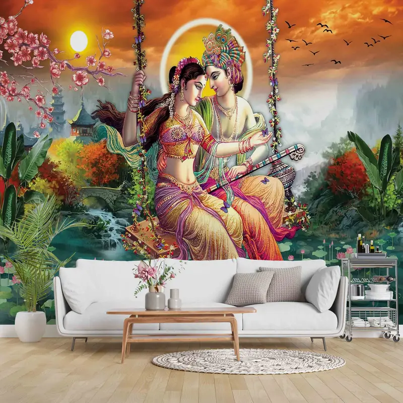 Reproduction Wall Mural, Radha Krishna Wall Mural, Hindu Gift Wallpaper, Radha Krishna Painting Wall Decor, Layered Paper Art, - 1