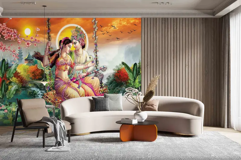 Reproduction Wall Mural, Radha Krishna Wall Mural, Hindu Gift Wallpaper, Radha Krishna Painting Wall Decor, Layered Paper Art, - 2