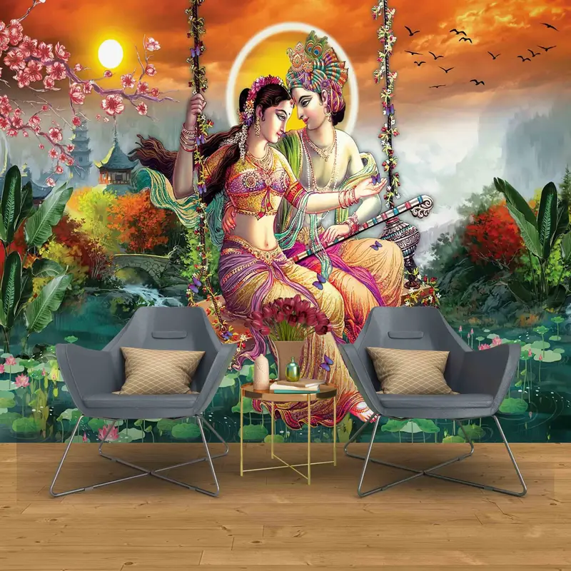 Reproduction Wall Mural, Radha Krishna Wall Mural, Hindu Gift Wallpaper, Radha Krishna Painting Wall Decor, Layered Paper Art, - 9