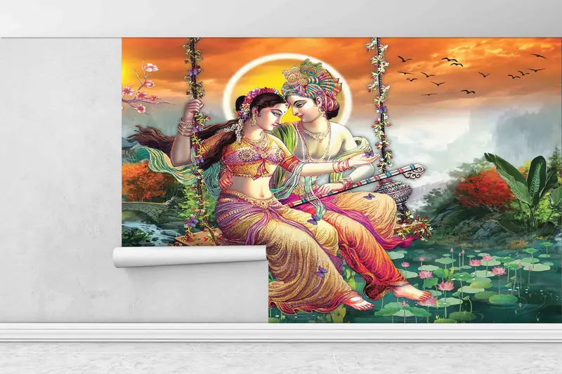 Reproduction Wall Mural, Radha Krishna Wall Mural, Hindu Gift Wallpaper, Radha Krishna Painting Wall Decor, Layered Paper Art, - 6