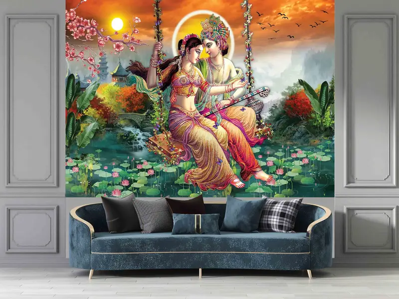 Reproduction Wall Mural, Radha Krishna Wall Mural, Hindu Gift Wallpaper, Radha Krishna Painting Wall Decor, Layered Paper Art, - 8