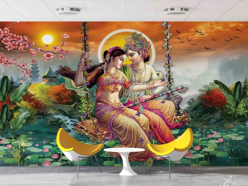Reproduction Wall Mural, Radha Krishna Wall Mural, Hindu Gift Wallpaper, Radha Krishna Painting Wall Decor, Layered Paper Art, - 7